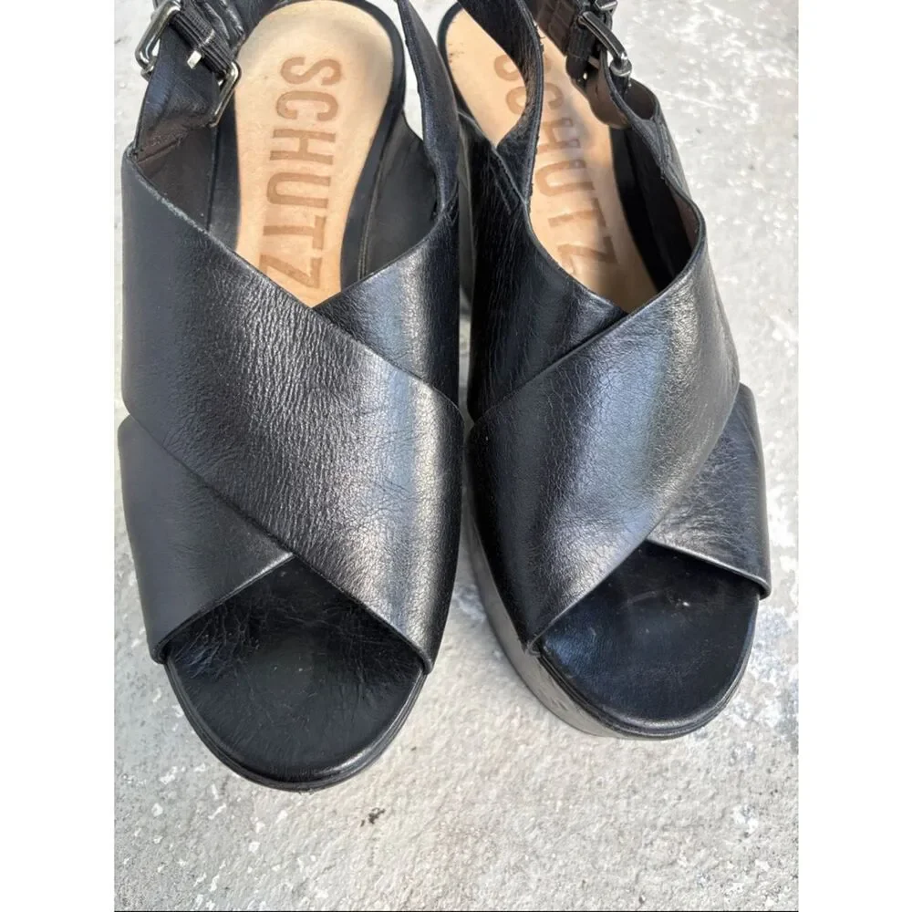 Schutz leather sling backpack platform sandals